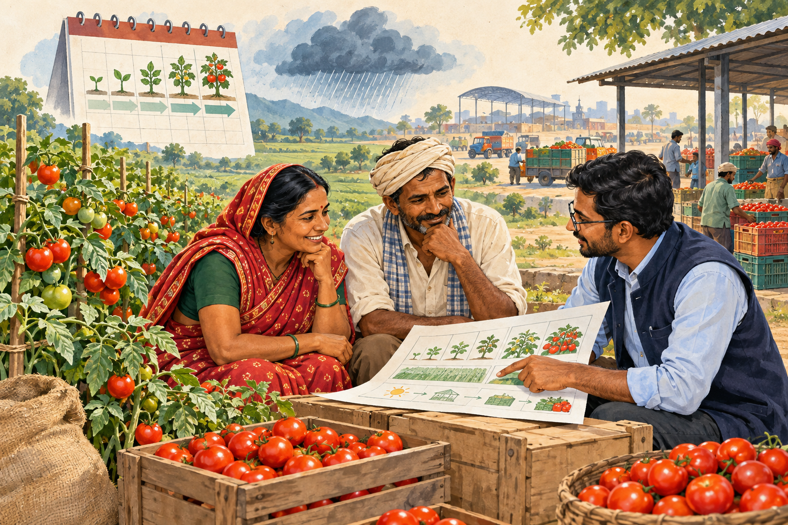 Illustration of tomato growers reviewing a crop plan with an agricultural adviser beside tomato plants and harvest crates.