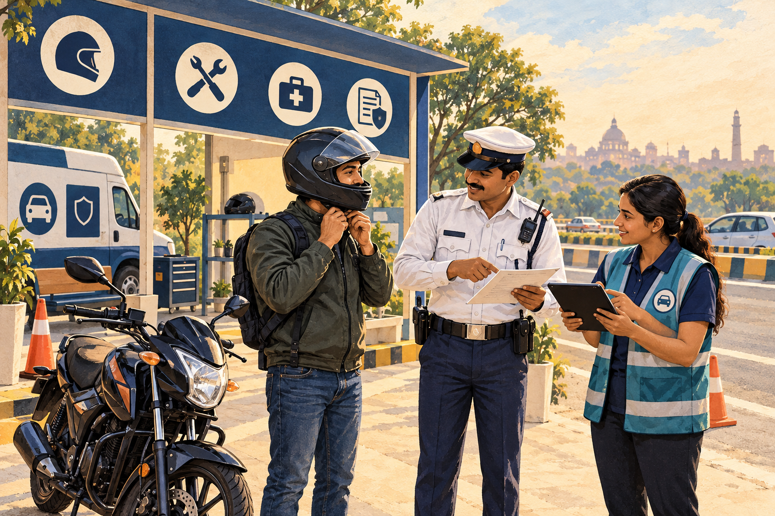 Conceptual illustration of a stationary motorcyclist fitting a helmet at a roadside assistance bay with insurance help nearby.