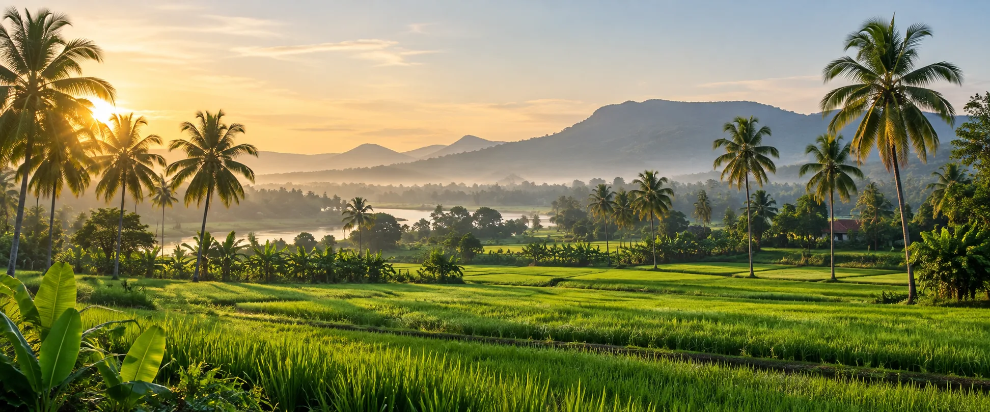 Illustrated agricultural landscape with coconut palms and green fields