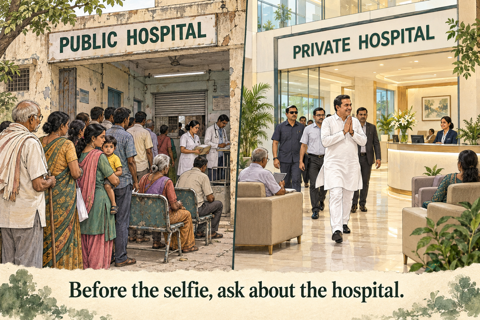 Fictional editorial cartoon contrasting a crowded public-hospital queue with a politician entering a spacious private hospital.