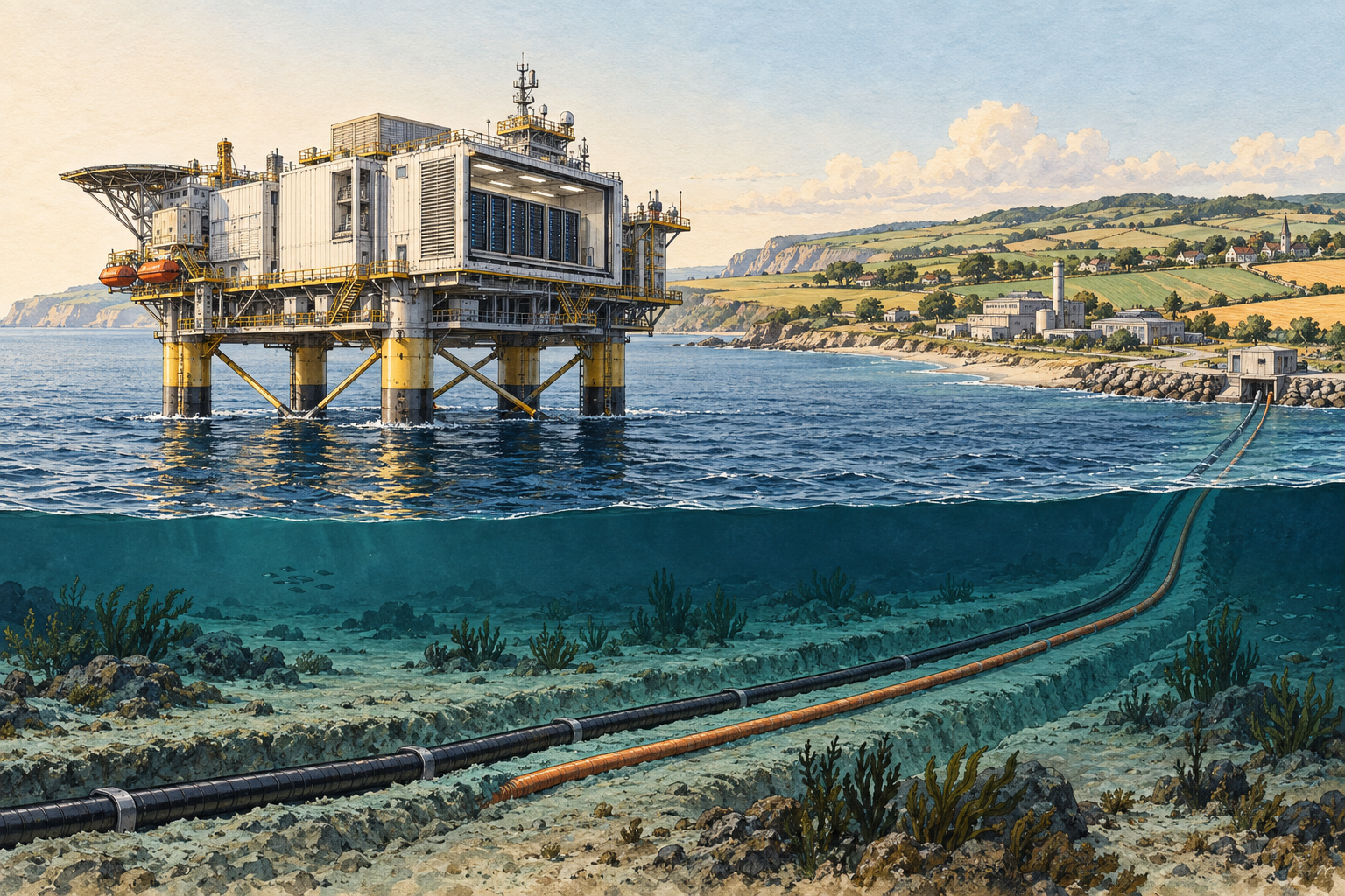 Conceptual offshore data-centre platform connected to a farming coastline by seabed cables