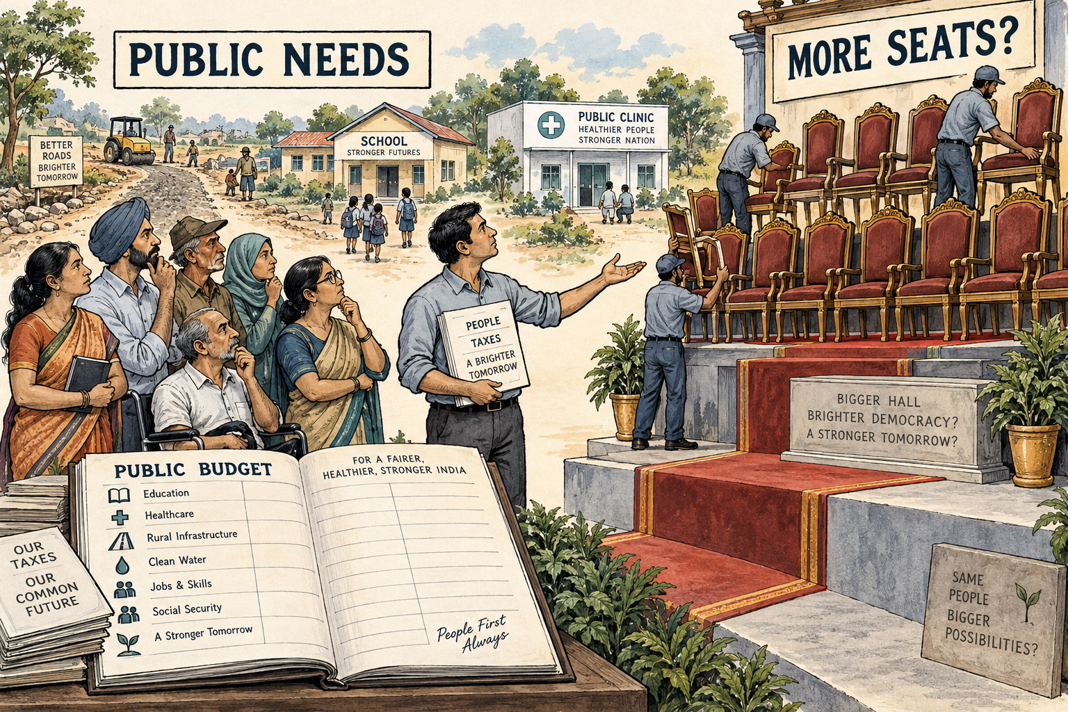 Editorial cartoon of citizens weighing public services against additional parliamentary seats.