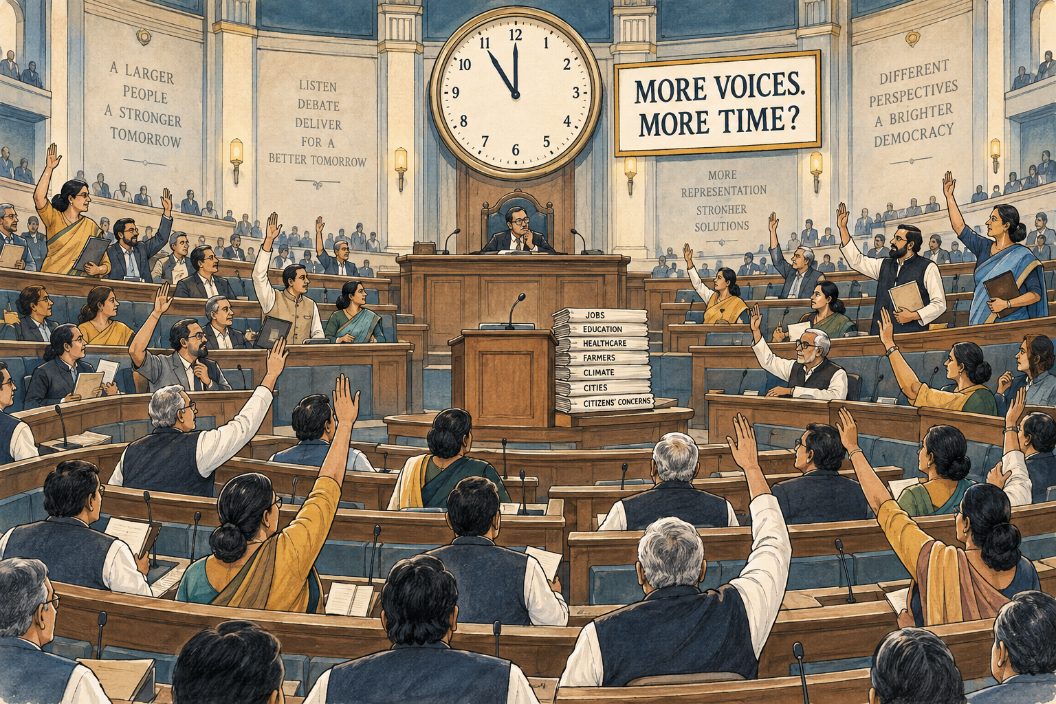 Editorial cartoon of representatives seeking speaking time beneath a clock in a fictional chamber.