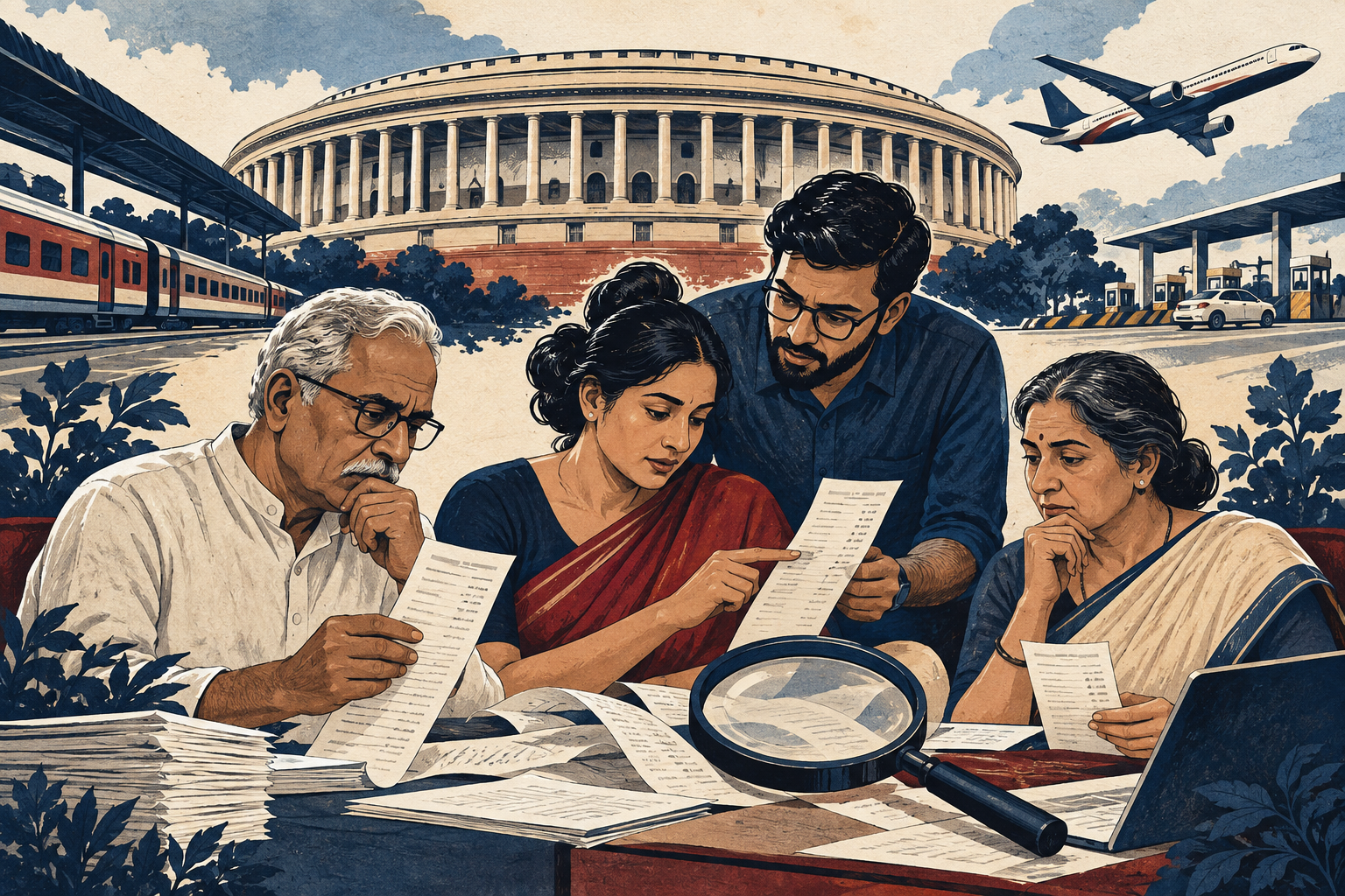 Illustration of citizens examining receipts with parliamentary travel motifs.